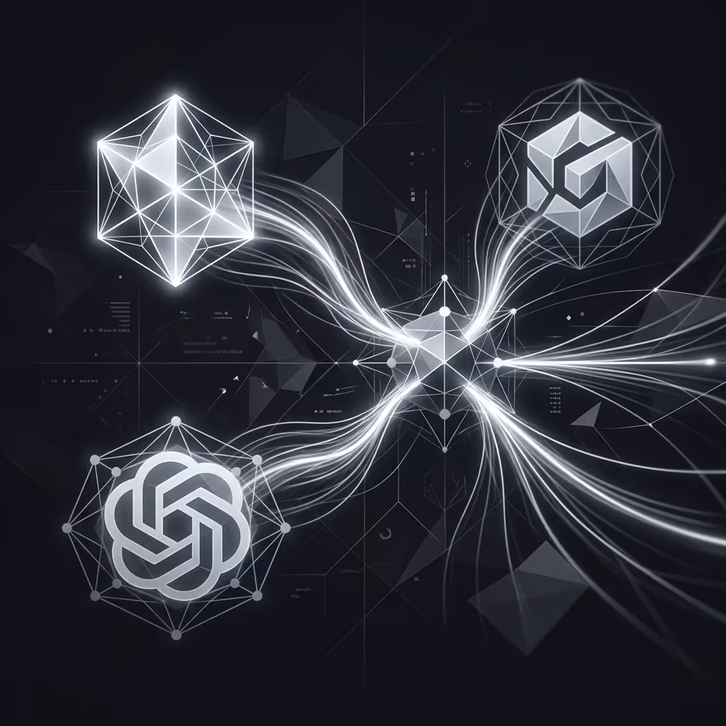 Multi-provider AI architecture diagram showing Gemini, OpenAI, and Grok